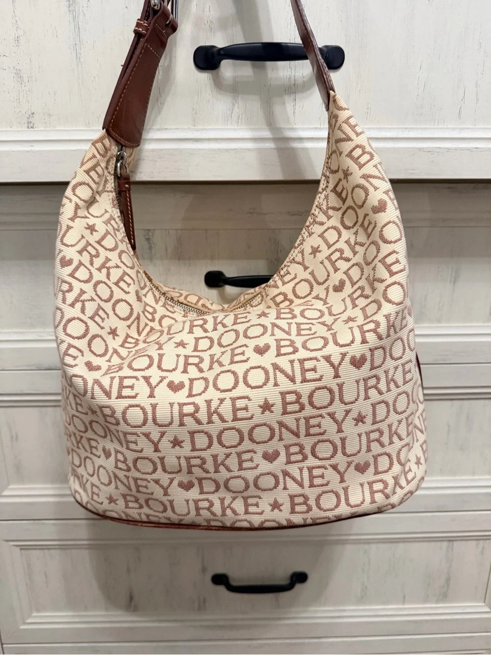 Vintage Dooney & Bourke Full Name Logo Canvas Shoulder Bag Brown Leather